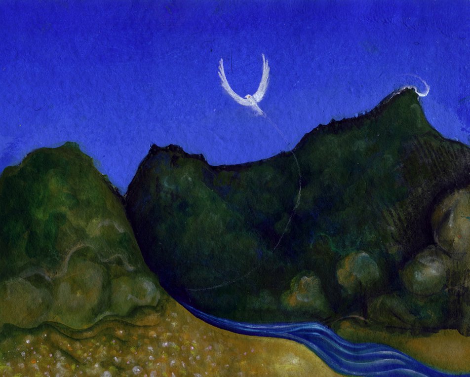 Isha Black 2001 A white bird flies on as The Mountain Gobbles a wisp and shares it's elixir with the folk below